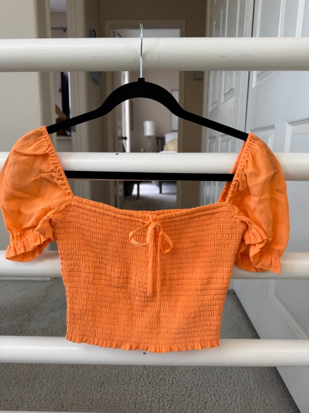 Wilfred Orange Smocked Puff-Sleeve Crop Top with Tie